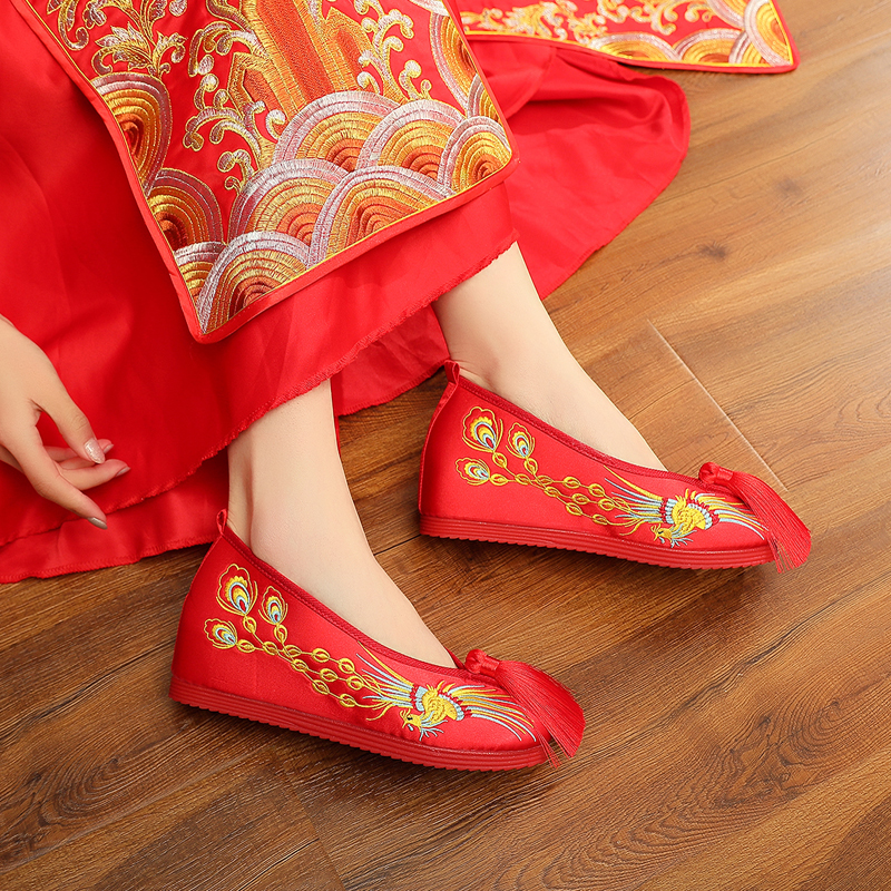 2020新款秀禾鞋女中式婚鞋配秀禾服鞋子红色内增高新娘结婚绣花鞋