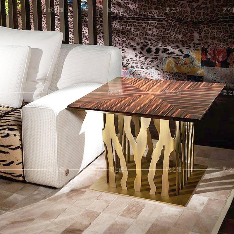 高级感意式轻奢茶几后现代简约别A墅设计师不锈钢实木高端咖啡桌