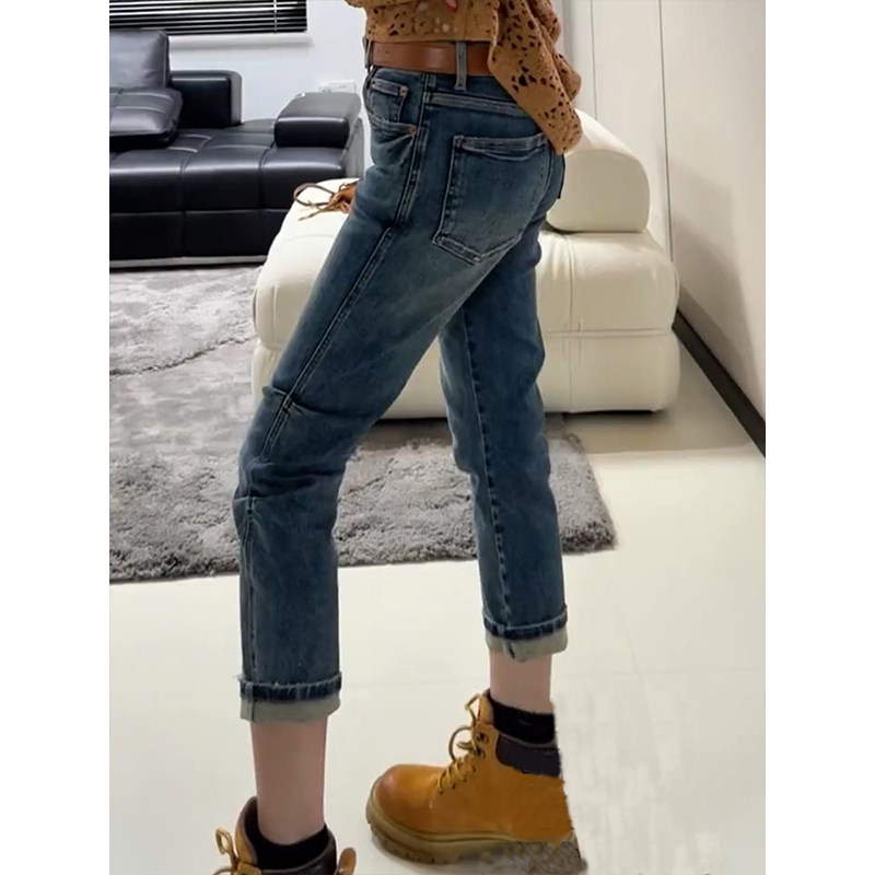 2024秋季新款大码高腰褶皱设计九分F牛仔裤女胖mm显瘦直筒烟管裤