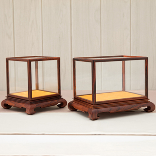 红酸枝明式佛像花瓶古董摆件玉石防尘罩透明展示盒红木玻璃罩定制