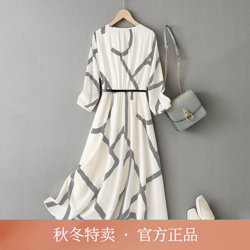 IHIMI奥莱设计感小V领连衣裙女士2025秋季新款气质修身中长款裙子