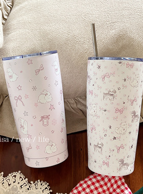 baby粉奶油感碎花蝴蝶结兔子大容量304小猫小狗吸管杯直饮保温杯