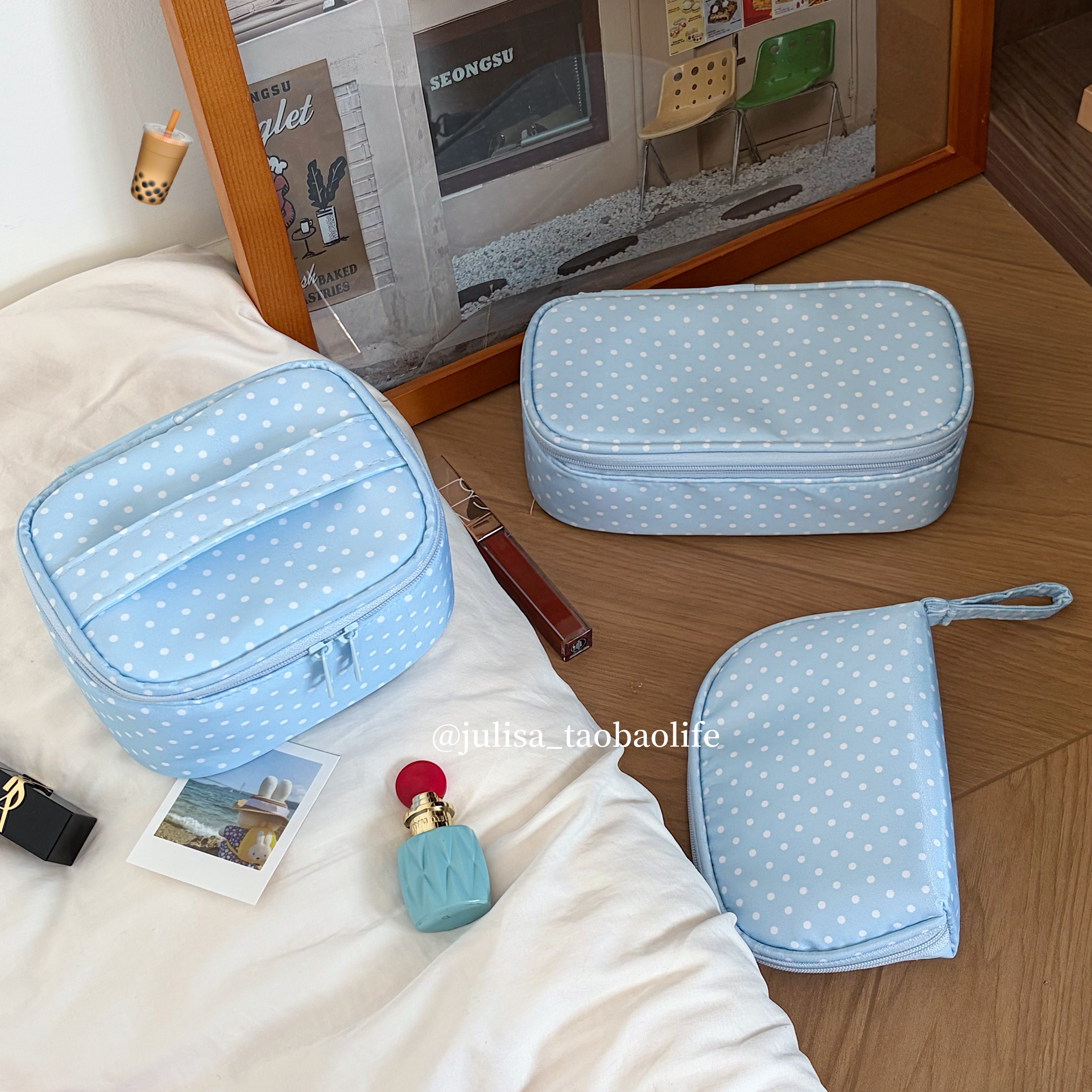 复古经典云朵蓝白小波点化妆包便携旅行手提大容量洗漱包收纳整理