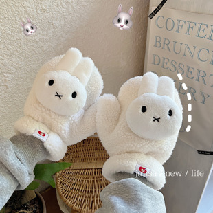 原创毛绒兔子羊羔绒加厚公仔手套骑行保暖抗寒冷手套可挂脖情侣款