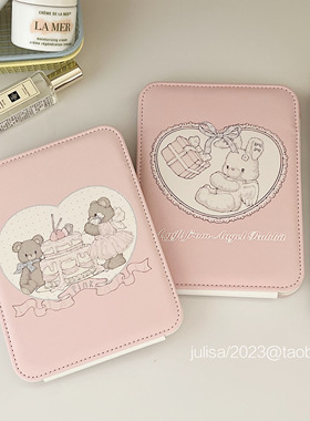 原创插画粉嘟嘟蛋糕小兔子和小熊桌面化妆镜折叠旅行便携补妆镜子