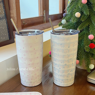 原创设计星辰大海大容量不锈钢吸管杯随手杯情侣格子小星星保温杯