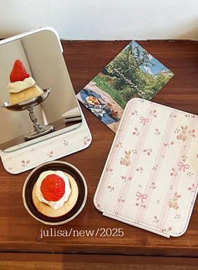 独家款~原创自制法式浪漫花园小碎花兔子桌面化妆镜折叠补妆镜子