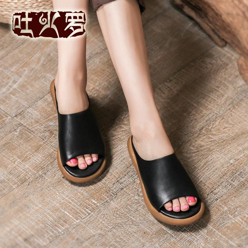 吐火罗2019新款拖鞋女复古风外出穿坡跟一字拖松糕厚底真皮凉拖鞋在类目 女鞋, 拖鞋中 - 来自Buy2taobao.com提供专业的淘宝代购服务