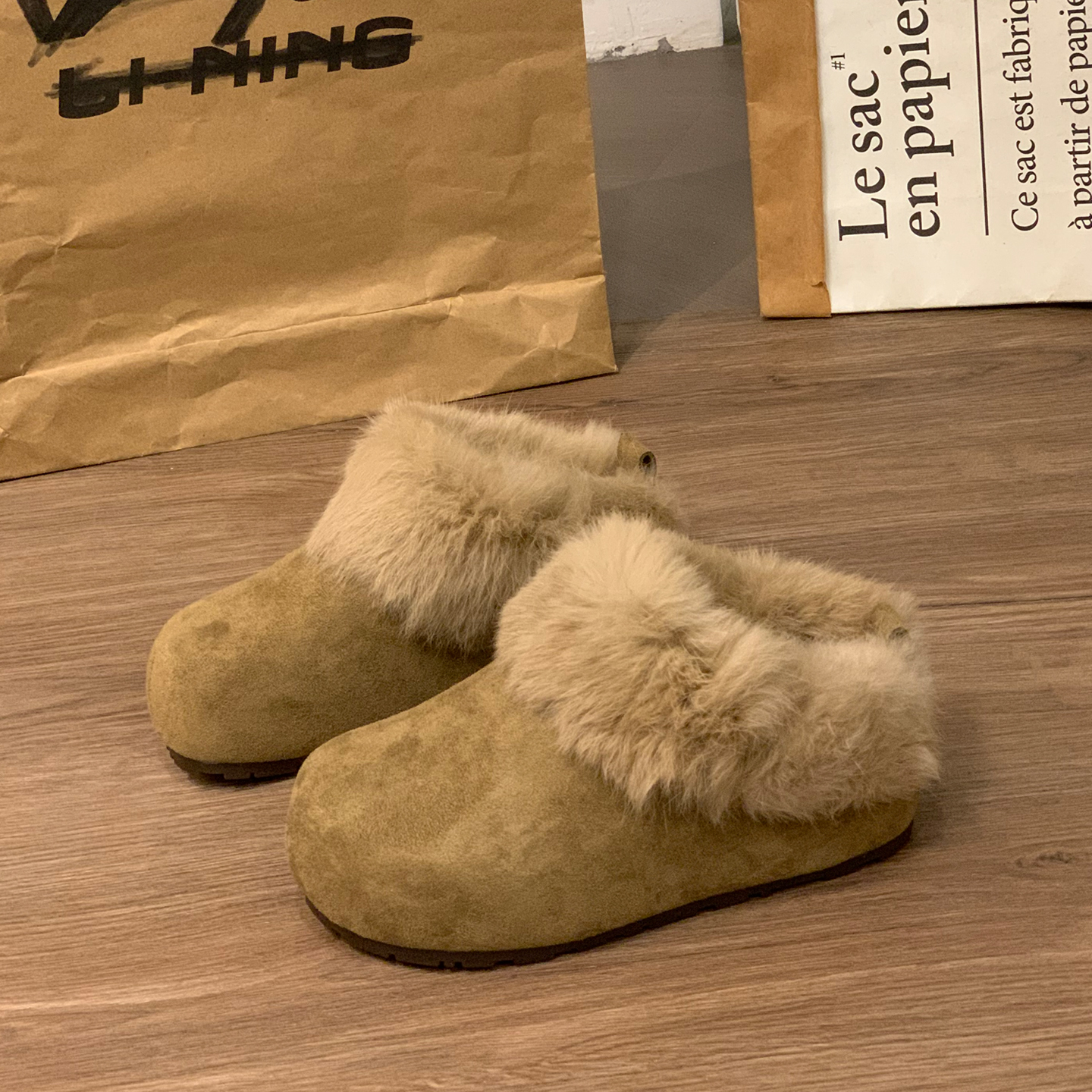 真兔毛内增高勃肯鞋半包头拖鞋