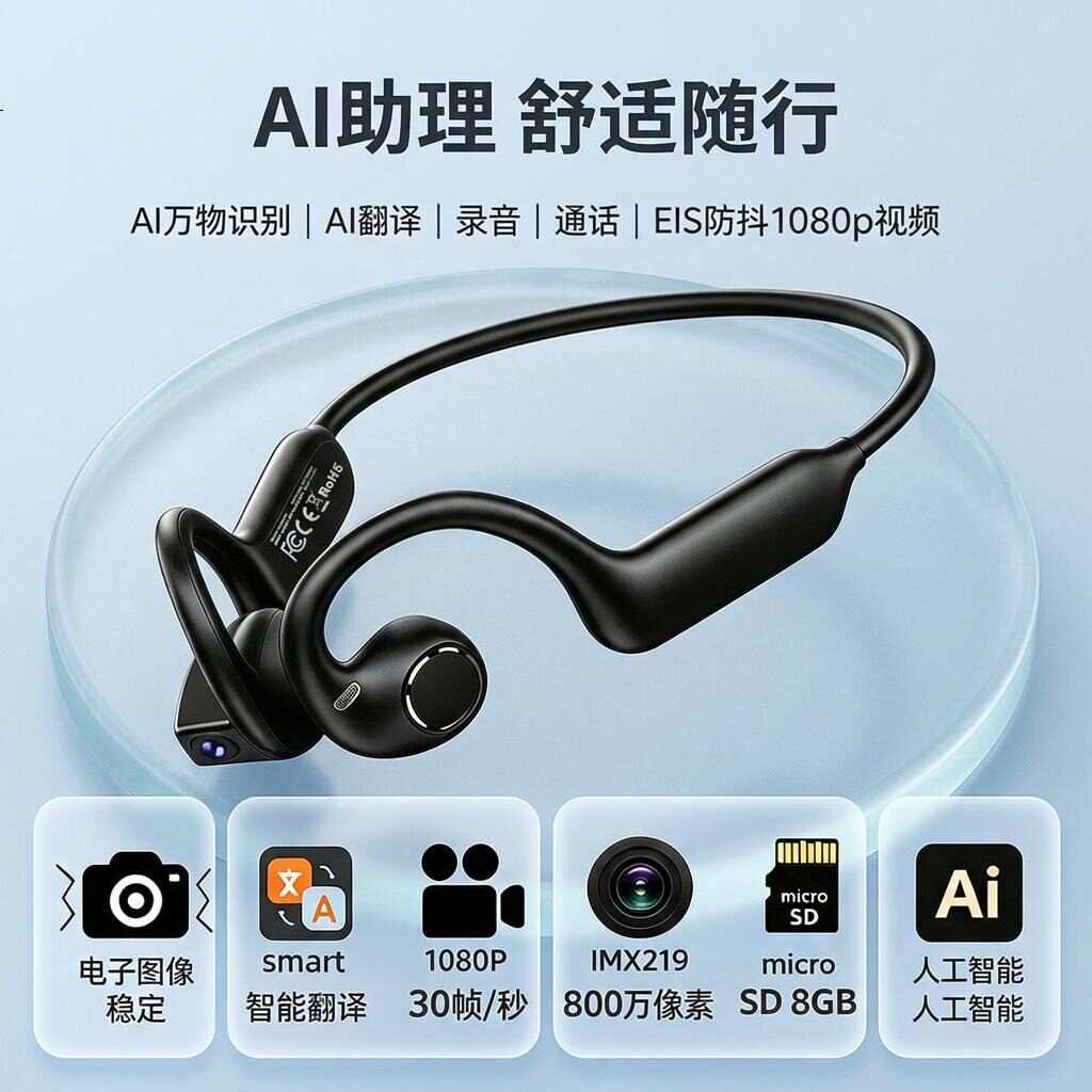哈本AI智能拍摄蓝牙耳机运动相机拍照摄像无线头戴式气传导带翻译