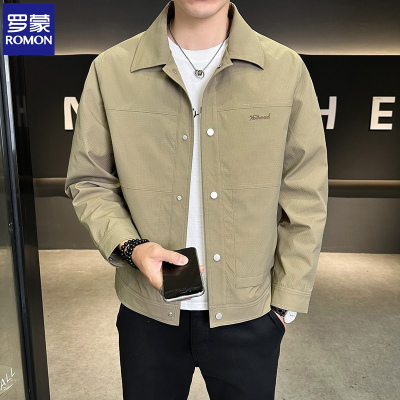 罗蒙春秋翻领夹克男2025新款正肩款修身格纹抗皱行政夹克薄款男装