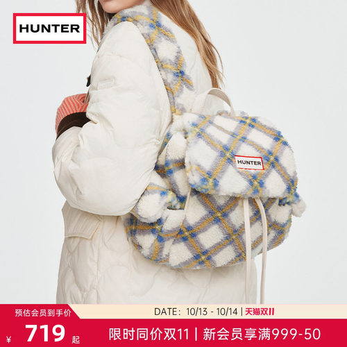HUNTER复古格纹毛绒口袋双肩包