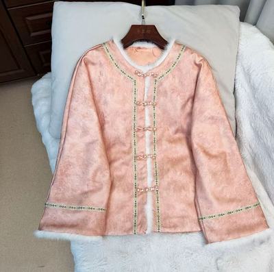 2025新款新中式国风香云纱提花拼接水貂毛羽绒服复古国潮轻奢外套