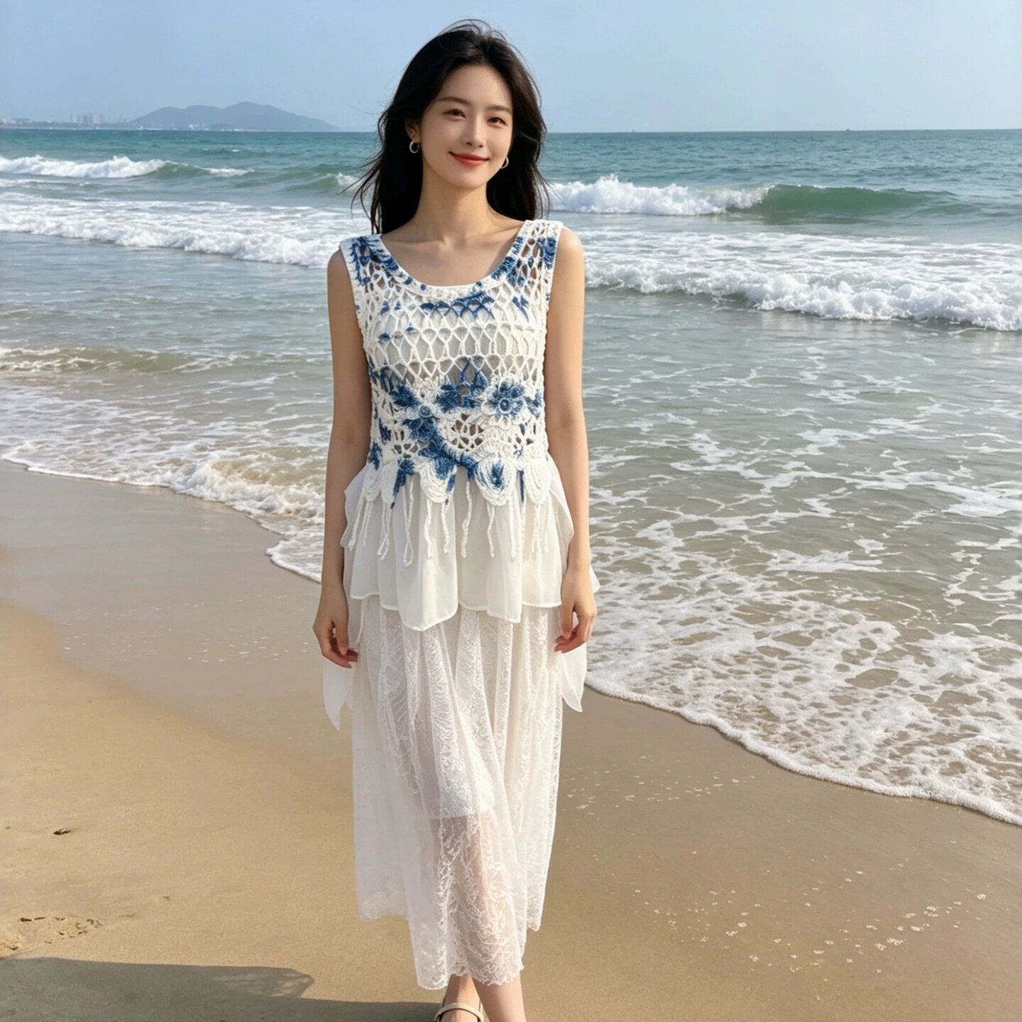 温柔风镂空钩花无袖针织背心女夏毛针织衫