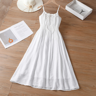 特价法式胸前系带吊带裙女小个子气质收腰过膝连衣裙可扎染纯白胚