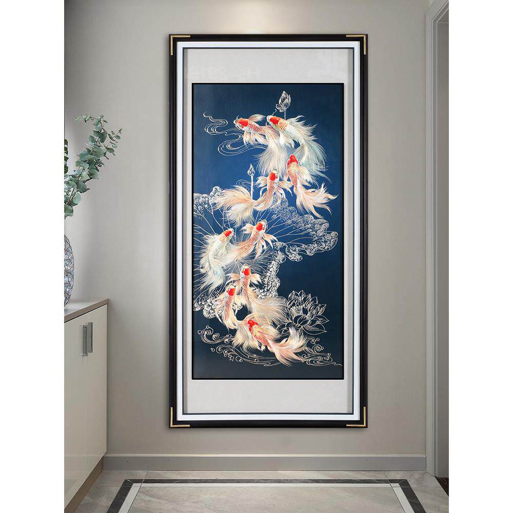 荷花九鱼聚福手工铜板装饰画高档入户玄关墙壁挂画新中式铜雕画