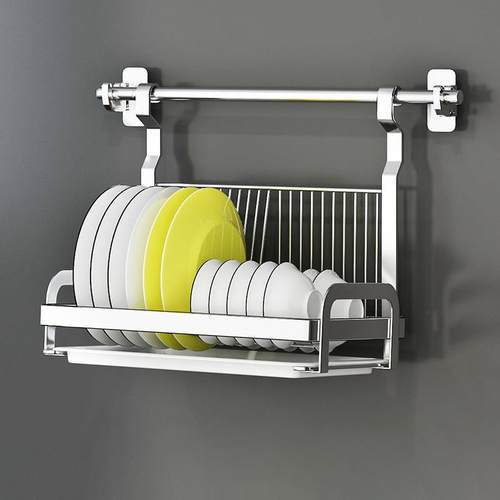 可折叠碗架沥水架厨房免打孔壁挂式碗碟一体式放碗架不锈钢收纳层