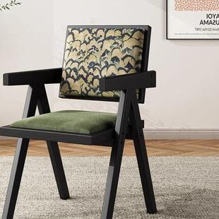 藤椅餐椅家用实木椅子法式覆古软包靠背椅阳台茶椅中古昌迪加尔椅