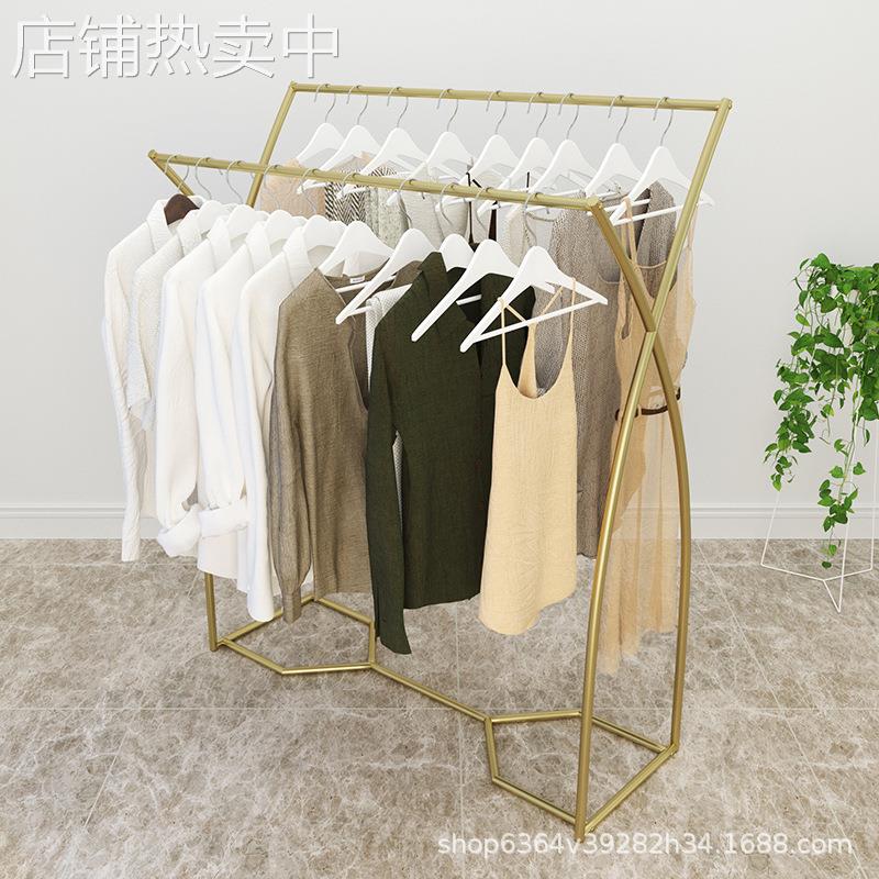 金色中岛架落地架 简约服装店展示架简约双排架中间双杠侧挂衣架