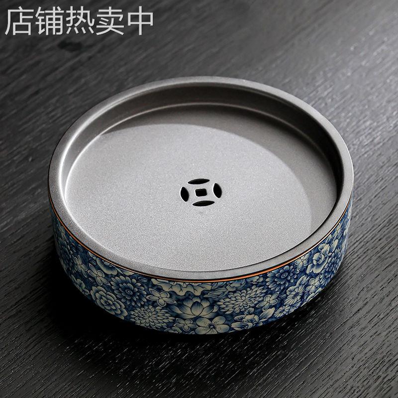 老陶泥青花茶盘沥水干泡台小型家用功夫茶几迷你储水壶承圆形托盘