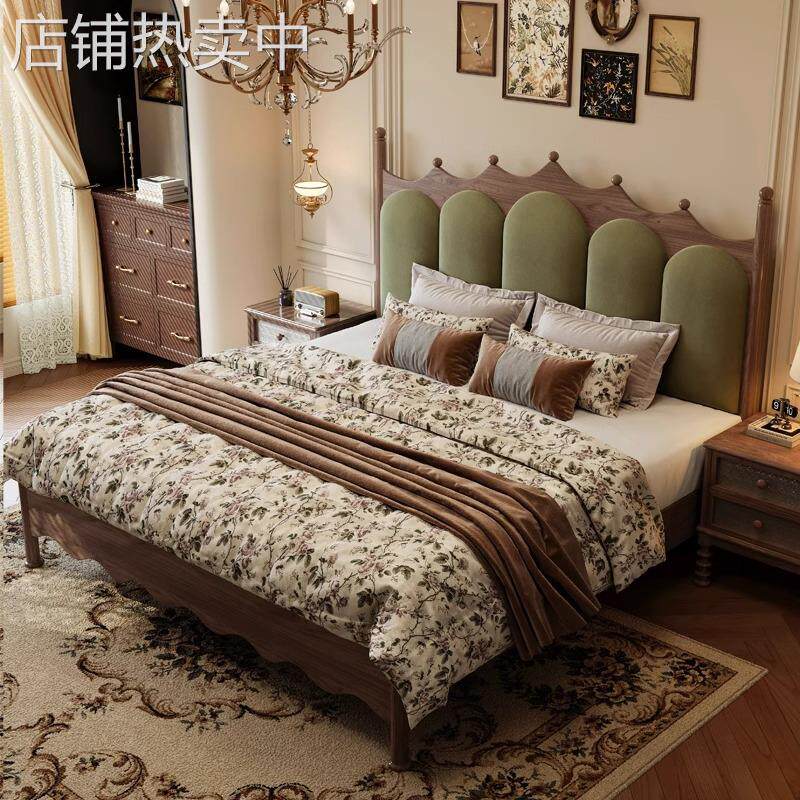 核桃木实木1米8双人主卧室法美式中复古1米5单人皇冠高端软包木床