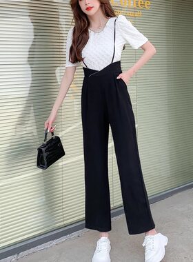 吊带高腰背带裤显瘦垂感直筒西装连衣阔腿裤休闲九分裤女春秋新款