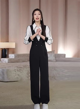 西装背带裤女2025春秋新款高级感洋气减龄垂感高腰直筒阔腿连体裤