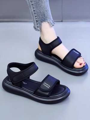 真皮运动休闲凉鞋女款2025年夏季新款厚底软底轻便大码罗马沙滩鞋