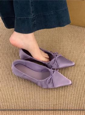 港风内增高尖头单鞋女春夏2025新款缎面紫色气质温柔蝴蝶结仙女鞋