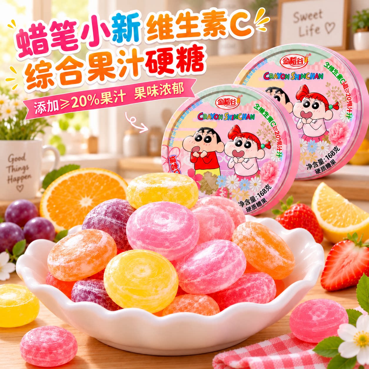 蜡笔小新综合口味水果糖罐装怀旧儿童零食糖果硬糖解馋多种口味