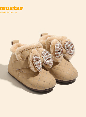 女宝雪地靴加绒保暖短靴男冬季新款蝴蝶结毛绒棉靴防滑女宝宝棉鞋