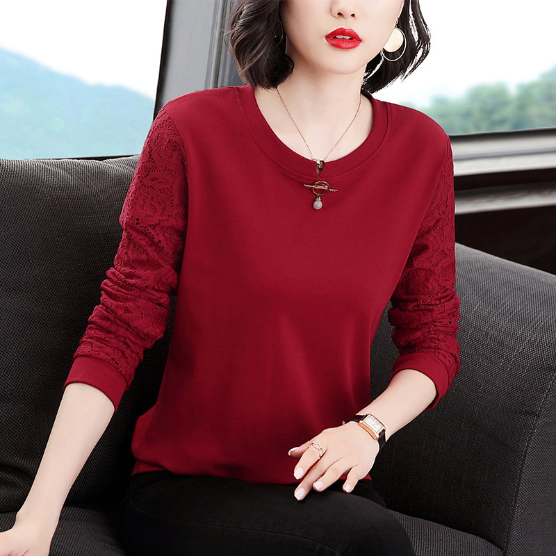 秋装新款长袖T恤减龄中年妈妈大码女装上衣镂空蕾丝v领纯棉打底衫