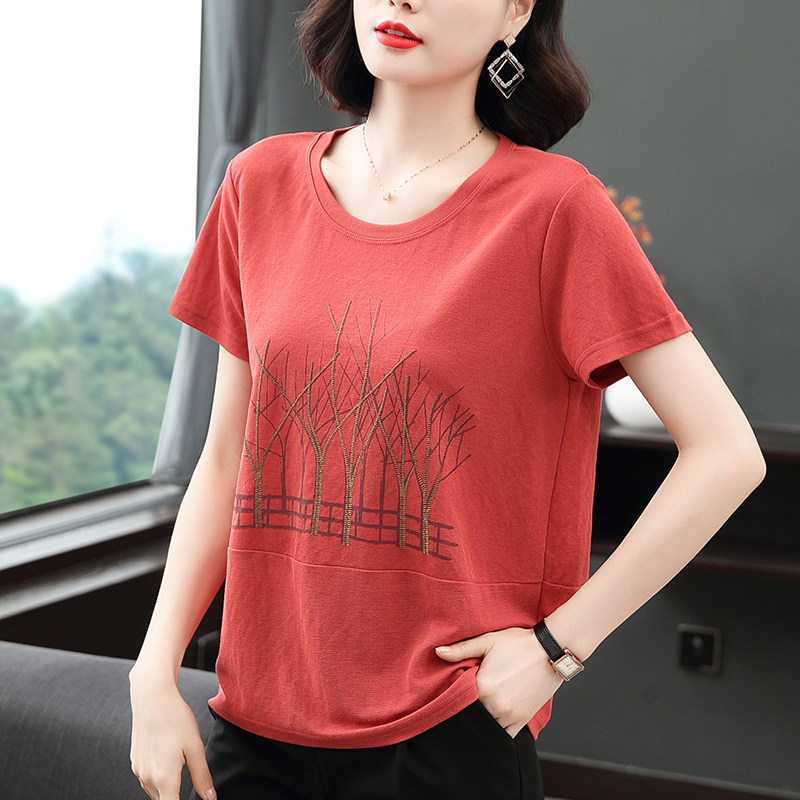 2020夏装新款中老年妈妈女装圆领T恤上衣宽松显瘦大码短袖体恤