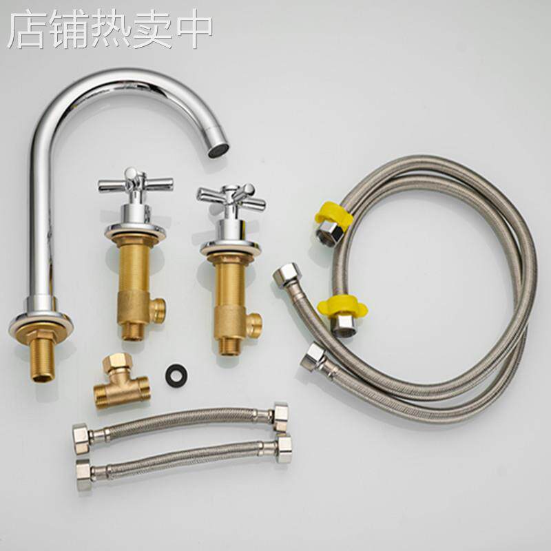 洗脸盆水龙头立式十字手轮双把三孔开关全铜分体式浴室柜冷热龙头