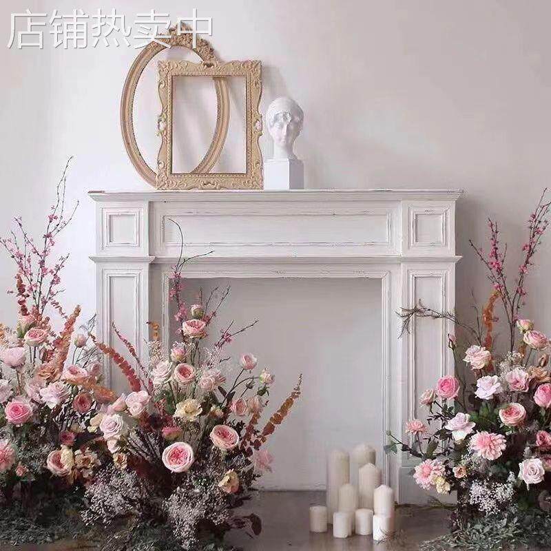 美式复古壁炉架简约做旧原木色装饰柜客厅玄关法式白色柜田园民宿