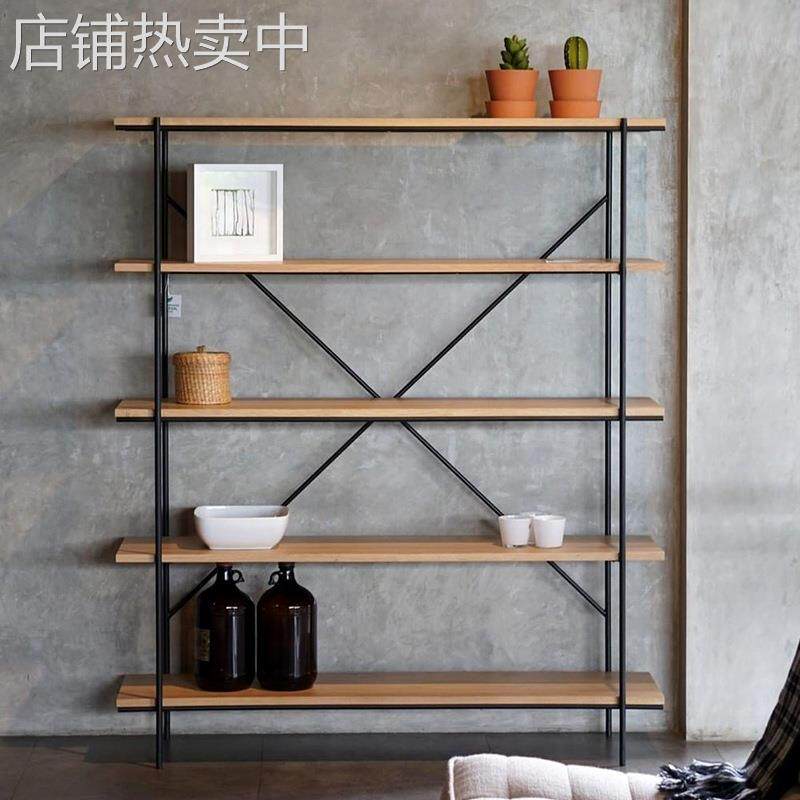 美式复古实木书架工业风多层置物架家用简约落地收纳铁艺展示架