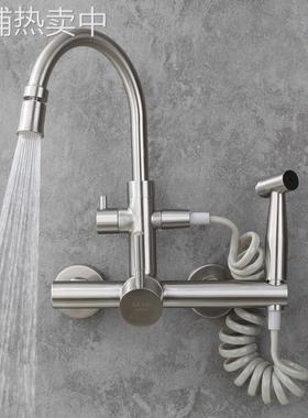 ql@3H入墙式冷热水龙头厨房洗菜盆双孔卫生间阳台拖把洗衣池带喷