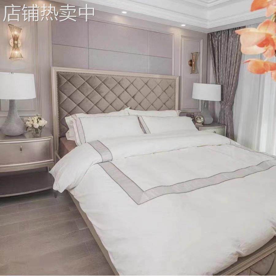 美式乡村实木床轻奢床现代简约主卧1.8米双人床雕刻方块布艺菱形