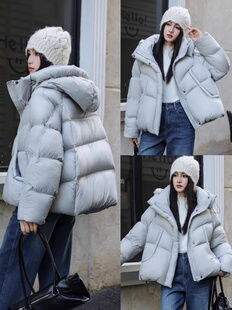 得偿所愿蓝加厚90白鹅绒短款羽绒服女2025冬新款连帽蓬松保暖外套