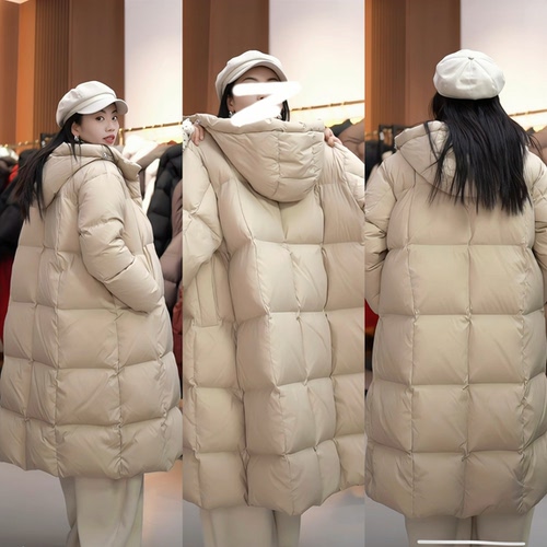 全身充绒长款连帽豆腐块加厚品牌剪标90白鸭绒