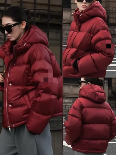 欧洲站巨厚缎面玫瑰红90白鹅绒短款栗子羽绒服2025新款面包服外套