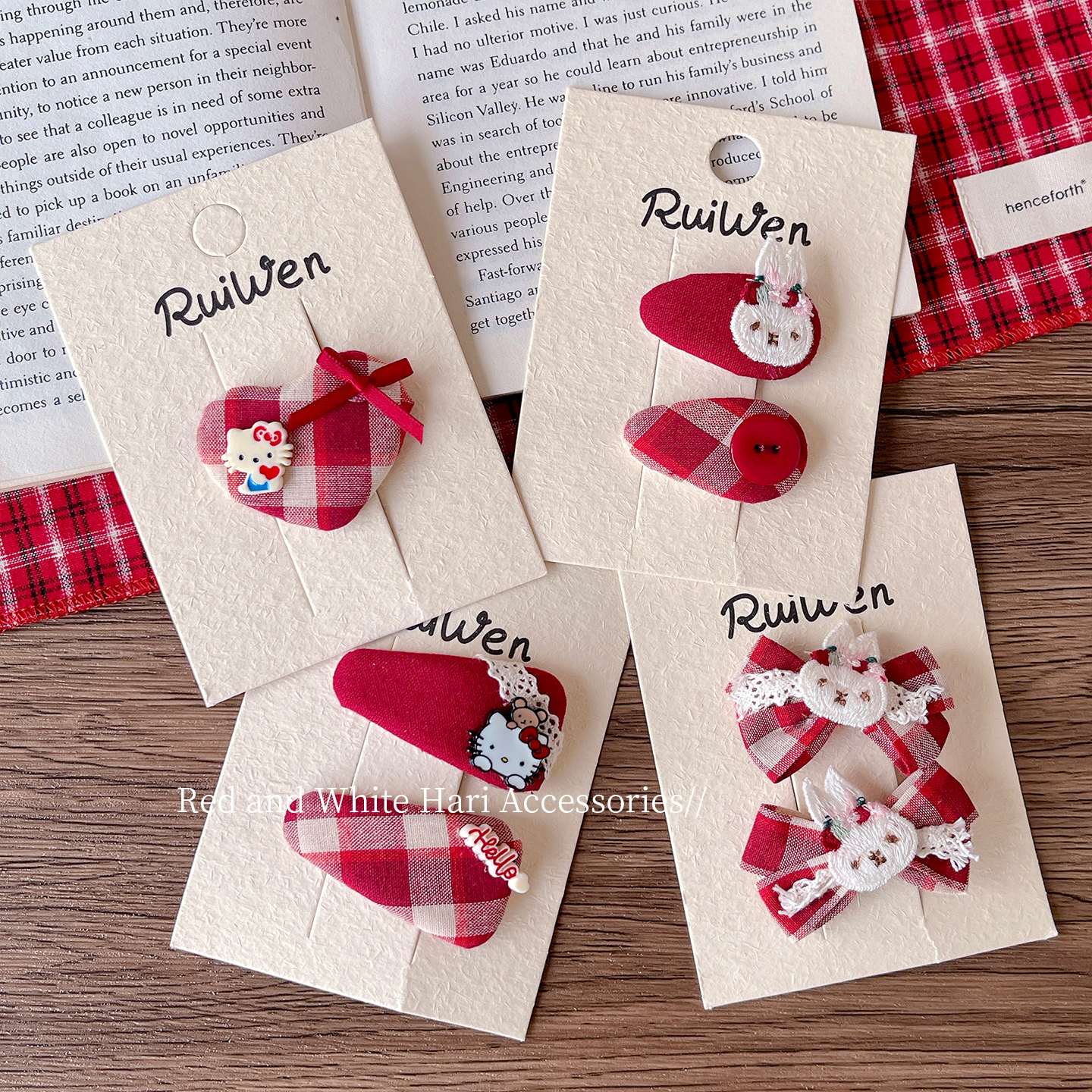 新年红色格子儿童发夹可爱卡通KT猫咪发卡宝宝刘海夹碎发夹子头饰