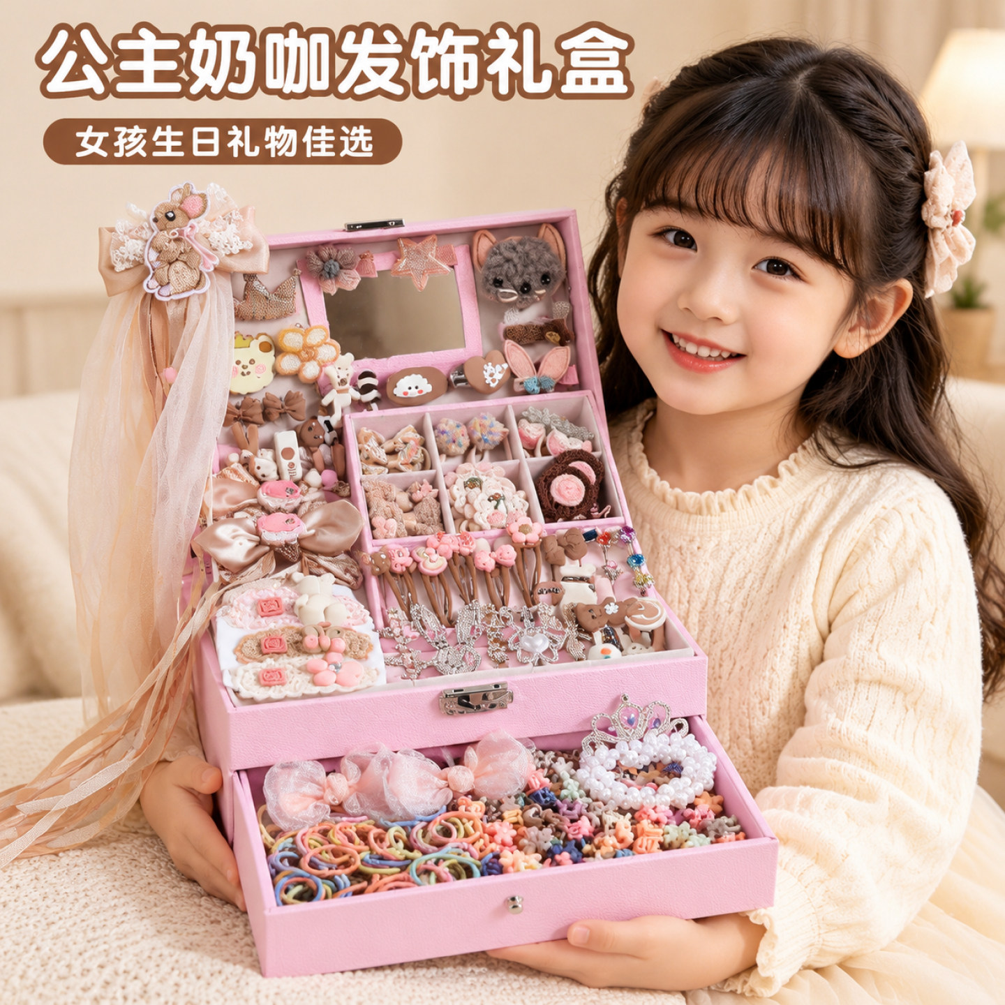 女童公主奶咖发饰礼盒套装送小女孩生日礼物甜美发卡头饰儿童玩具