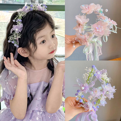 儿童公主花环头箍小女孩超仙美飘带编发发箍头饰女童发带头花发饰