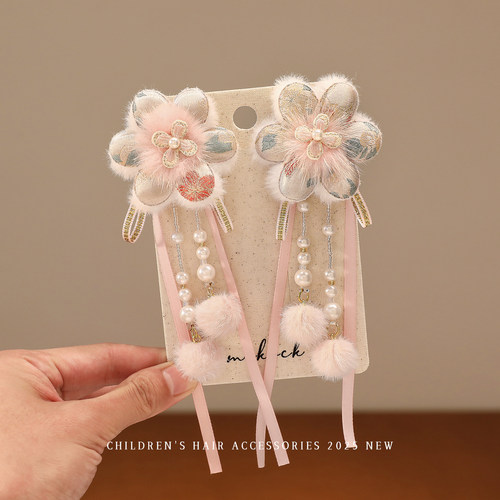 超仙樱花粉花朵发夹女童过年古风汉服头饰中国风儿童新年拜年发饰