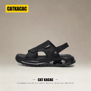 美国BLACKCAT男士夏季皮凉鞋2026新款厚底防滑老钱风外穿沙滩凉鞋