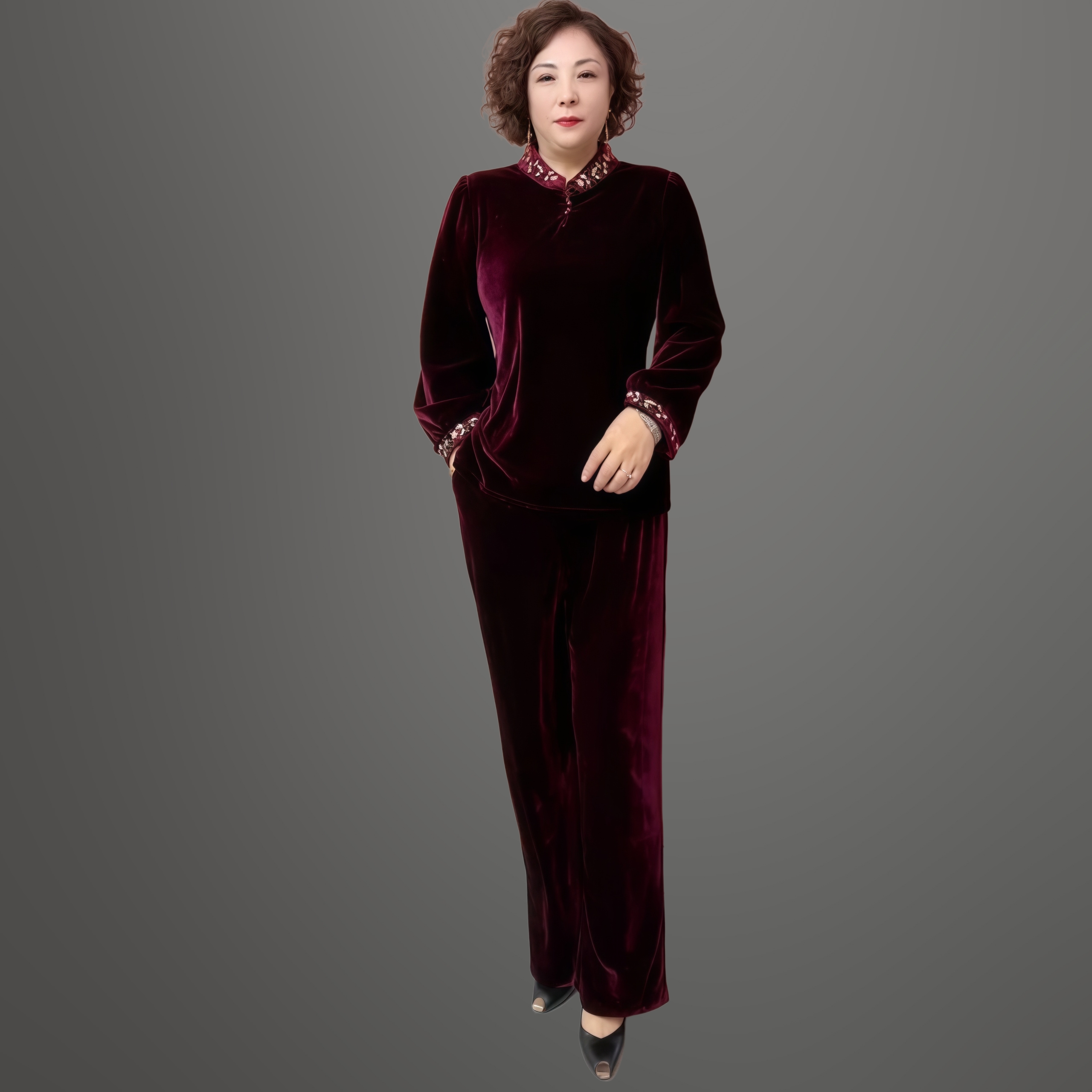 金丝绒套装女春秋新款妈妈国风