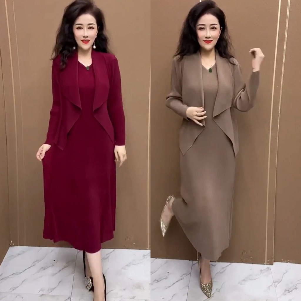 妈妈褶皱连衣裙时尚长袖西装裙