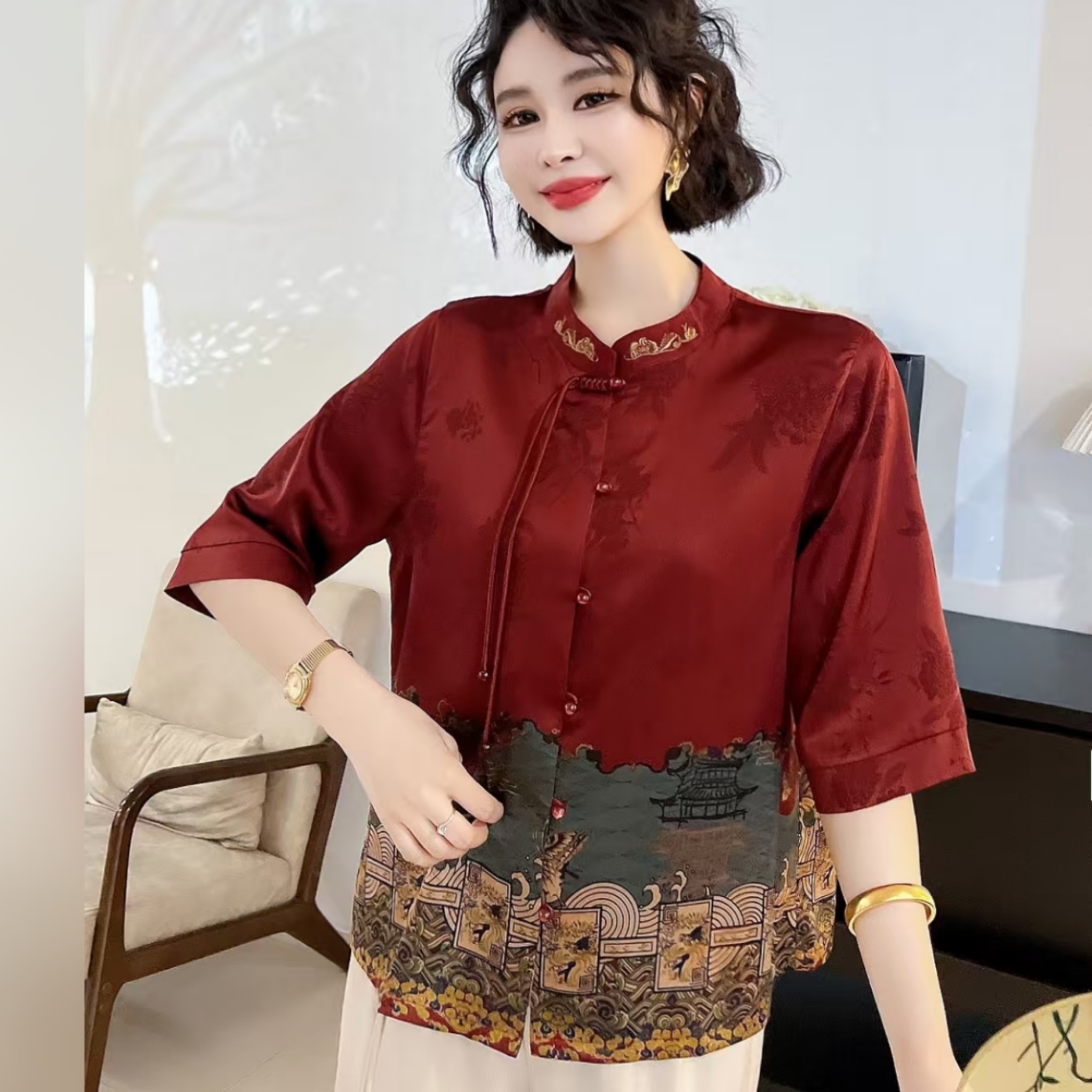 妈妈装夏季真丝衬衫时尚新中式