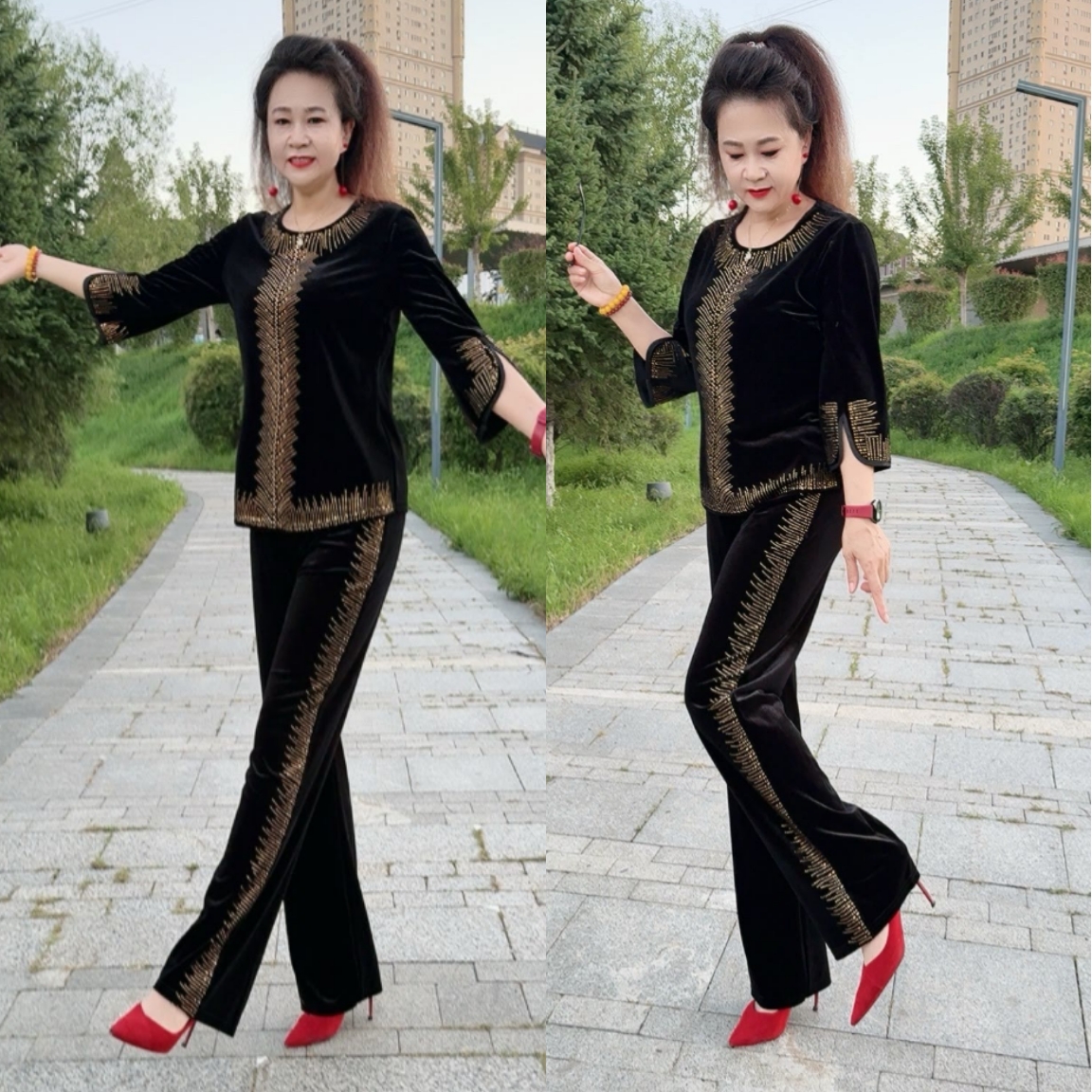 金丝绒中老年女镶钻时尚两件套